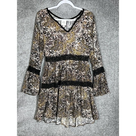 Knox‎ Rose Boho Peasant Dress Womens Medium V-Neck Long Bell Sleeve Crochet Trim - Picture 1 of 11